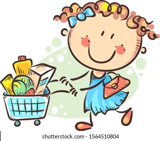 Cartoon girl doing shopping, Vector, Childs Drawing