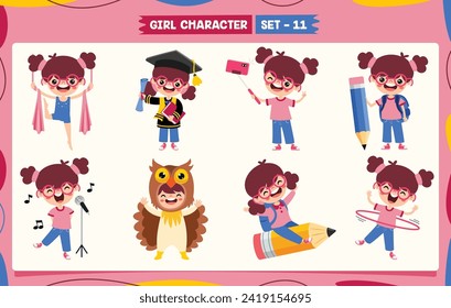 Cartoon Girl Doing Various Activities