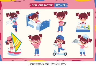 Cartoon Girl Doing Various Activities