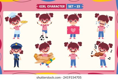 Cartoon Girl Doing Various Activities