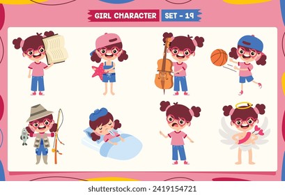 Cartoon Girl Doing Various Activities