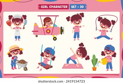 Cartoon Girl Doing Various Activities