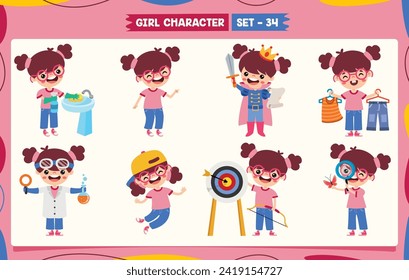 Cartoon Girl Doing Various Activities