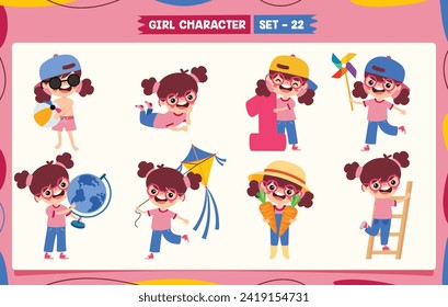 Cartoon Girl Doing Various Activities