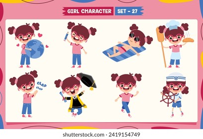 Cartoon Girl Doing Various Activities