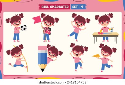 Niña de caricatura haciendo varias actividades