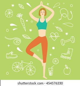 Cartoon girl doing yoga exercise. Including doodle decorative elements such as food, sport equipment and health symbols. Healthy lifestyle illustration for your design.