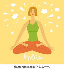 Cartoon girl doing yoga exercise. Including doodle decorative elements on background. Relaxation illustration for your design.