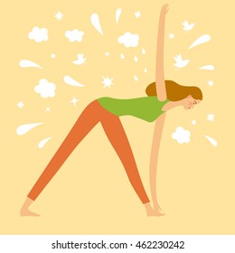 Cartoon girl doing yoga exercise. Including doodle decorative elements on background. Relaxation illustration for your design.