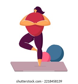 Cartoon girl doing yoga in gym. Flat vector illustration. Kids exercising with instructor in yoga class. Sport, yoga, gym, health, exercise concept for banner design