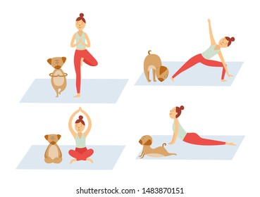 Cartoon girl doing yoga with her dog - cute pet animal doing meditation and stretching with its owner, healthy woman in stretch poses on yoga mat - isolated vector illustration set