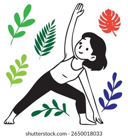 Cartoon Girl Doing Yoga Stretch Surrounded by Colorful Leaves on White Background, Nature, Inspired Wellness Illustration with Energetic Pose and Cheerful Design Elements.