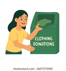 Cartoon girl donating clothes. Symbol of conscious consumption, recycling, and social responsibility.