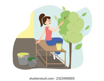 Cartoon girl draws tree wall in apartment  Process making home repair together   alone  Redecorating house interior  House renovation   repairing  Vector
