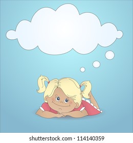 Cartoon girl dreaming with a thought bubble made of clouds. Color abstract illustration with stylized personage and text box in cartoon style.