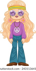 Cartoon of a girl dressed in 1970s attire.