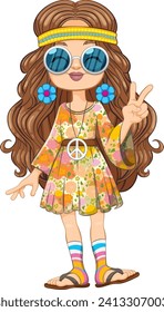 Caricatura de una chica vestida con colorido atuendo hippie.