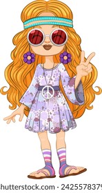 Cartoon of a girl dressed in colorful hippie attire.