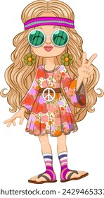 Caricatura de una niña vestida con coloridos atuendos hippies.