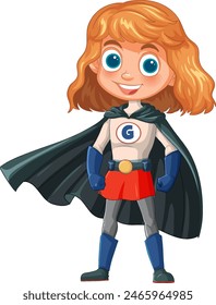 Cartoon girl dressed as a superhero with cape