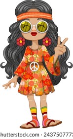Cartoon of a girl dressed in vibrant hippie attire.