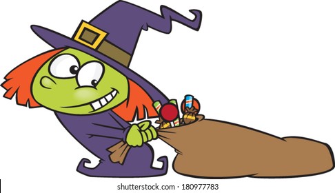 cartoon girl dressed as a witch pulling a large bag of candy