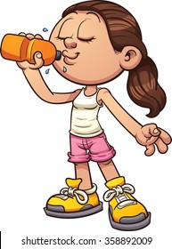 Cartoon girl drinking water. Vector clip art illustration with simple gradients. All in a single layer. 