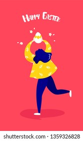 Cartoon girl with Easter egg on red background. Holiday card in trendy flat linear style. Vector banner.