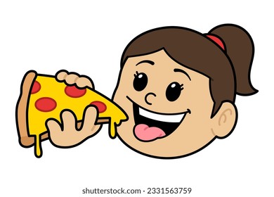 Cartoon Girl Eating Pizza Illustration