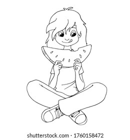 Cartoon girl eating watermelon.  White and black vector illustration for coloring book.