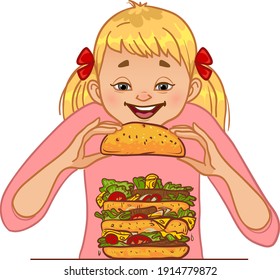 Cartoon girl eats big hamburger, concept vector illustration for no diet day