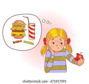 Cartoon girl eats healthy apple but think about unhealthy fast food, vector image, eps10 