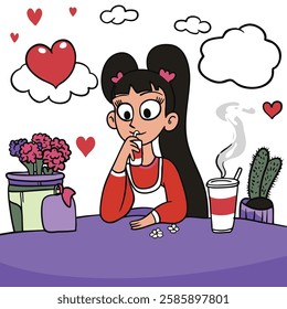 Cartoon girl enjoying coffee with flowers and hearts in cozy setting. playful atmosphere is enhanced by colorful elements and whimsical clouds