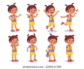 Cartoon girl expressions. Kid character in different poses. Positive and negative emotions. Cheerful or upset teenager. Cute child character. Laughing and crying teen