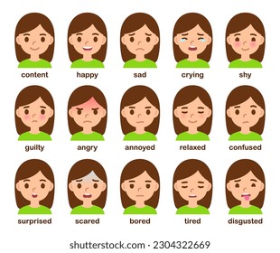 Cartoon girl face with different emotions. Facial expressions of feelings and mental states. Cute and simple vector illustration set.