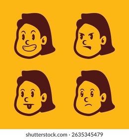 Cartoon girl face vector with long hair showing funny and expressive emotions: shock, fear, anger, and mischief. Bold style perfect for kids’ content, comics, and UI design