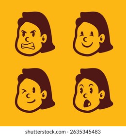 Cartoon girl face vector with long hair showing funny and expressive emotions: shock, fear, anger, and mischief. Bold style perfect for kids’ content, comics, and UI design