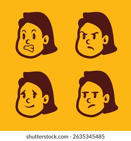 Cartoon girl face vector with long hair showing funny and expressive emotions: shock, fear, anger, and mischief. Bold style perfect for kids’ content, comics, and UI design