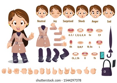 Cartoon girl in fall rose coat constructor for animation. Parts of body: legs, arms, face emotions, hands gestures, lips sync. Full length, front, three quater view. Set of ready to use poses, objects