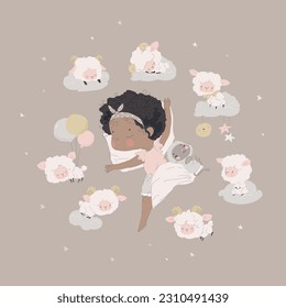 Cartoon Girl falls asleep, dreams, and counts Sheep. The Girl is lying on the bed, Lambs are jumping around