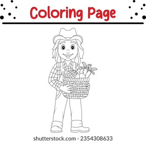 cartoon girl farmer holding basket-vegetable fruits coloring page for children. coloring book, vector illustration.