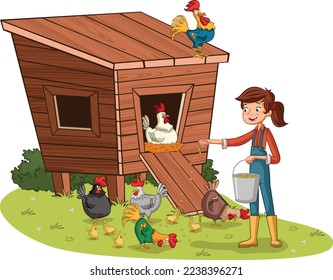 Cartoon girl feeding chickens and roosters. Henhouse with poultry. Farm worker woman.