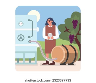 Cartoon girl ferments wine in barrel through special machine. Process of making alcoholic drinks. Winemaking using organic grapes. Wine production industry. Vector