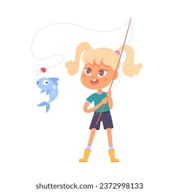 Cartoon girl with fishing pole vector illustration. Cute angler kid casting fishing rod to catch fish on hook isolated on white background. Summer activity and hobby of children.