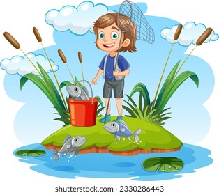 Cartoon Girl Fishing in the Pond illustration