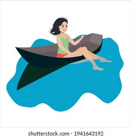 A cartoon girl in flat style, in a green T-shirt and red shorts, floats in a boat on blue water with her legs dangling. Isolated summer 
 illustration on white background in vector.