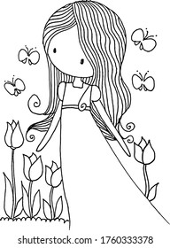 cartoon girl with flower and butterfly