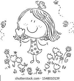 Cartoon girl with flowers, can be used as a greeting card, vector illustration outline