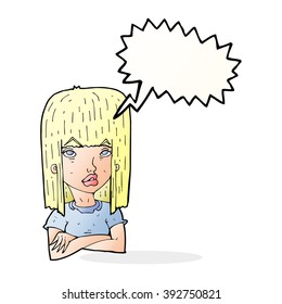 cartoon girl with folded arms with speech bubble