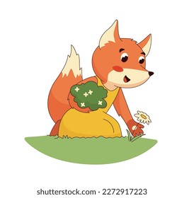 cartoon girl fox picking flowers vector illustration